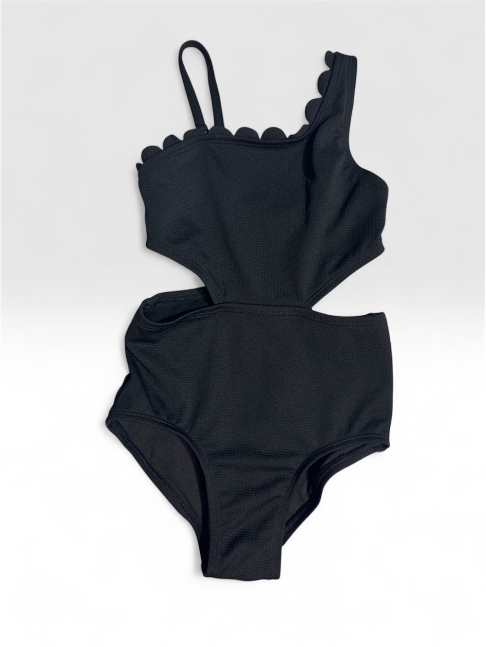 Art Class Black One-Shoulder Cutout Swimsuit with Scalloped Edges Girls XS